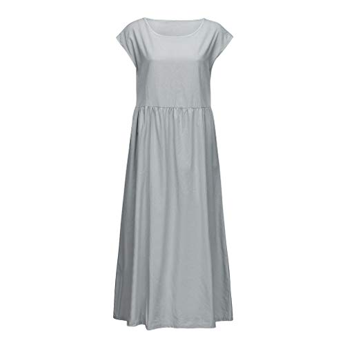 Robe Femme Manche Courte Coton Lin,Maxi Poches Solide Lâche Bouffant Tunique Elégant Longue Robe de Plage – Image 8