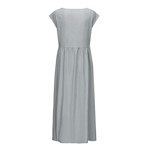 Robe Femme Manche Courte Coton Lin,Maxi Poches Solide Lâche Bouffant Tunique Elégant Longue Robe de Plage – Image 7