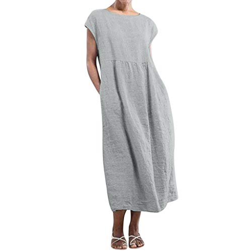 Robe Femme Manche Courte Coton Lin,Maxi Poches Solide Lâche Bouffant Tunique Elégant Longue Robe de Plage