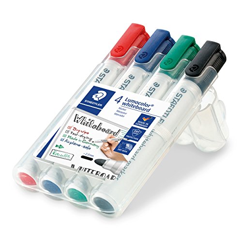 Staedtler Lumocolor 351, Marqueurs pour tableau blanc effaçables à sec, Sans xylène ni toluène et quasi-inodore, Pointe ogive de 2 mm, Étui chevalet avec 4 couleurs assorties, 351 WP4 – Image 6