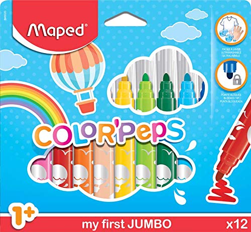 Maped Color Peps Gros Feutres De Coloriage Premier Age Pour Bebe Et Enfant Des 1 An Avec Pointe Securisee Et Encre Lavable A L Eau Boite De 12 Feutres Jumbo Assortis Uii