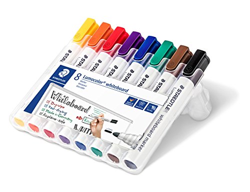 Staedtler Lumocolor 351, Marqueurs pour tableau blanc effaçables à sec, Sans xylène ni toluène et quasi-inodore, Pointe ogive de 2 mm, Étui chevalet avec 8 couleurs assorties, 351 WP8 – Image 7