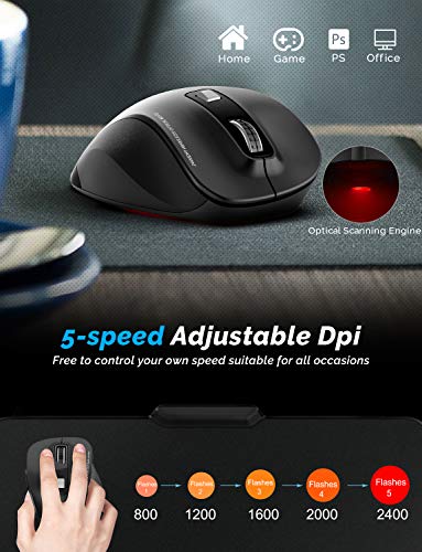 WisFox Souris sans Fil, Souris Optique pour Ordinateur Portable Optique USB 2,4 G USB pour Le Jeu d'économie de Bureau à Domicile avec Nano-récepteur, 800-2400 DPI, 6 Boutons - Noir – Image 5