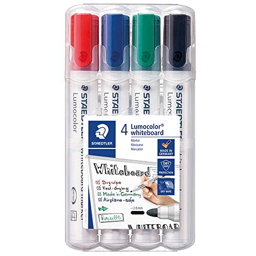 Staedtler Lumocolor 351, Marqueurs pour tableau blanc effaçables à sec, Sans xylène ni toluène et quasi-inodore, Pointe ogive de 2 mm, Étui chevalet avec 4 couleurs assorties, 351 WP4