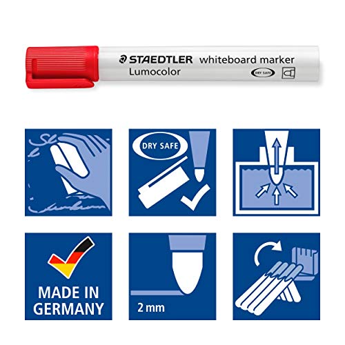 Staedtler Lumocolor 351, Marqueurs pour tableau blanc effaçables à sec, Sans xylène ni toluène et quasi-inodore, Pointe ogive de 2 mm, Étui chevalet avec 4 couleurs assorties, 351 WP4 – Image 2