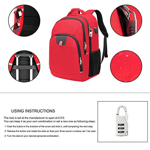 Antivol Sac à Dos Ordinateur Portable 17.3 Pouces Homme Imperméable Sac a Dos PC Portable Sac à Dos Grande Capacité Sac à Dos de Voyage d'affaires avec Chargement USB Loisirs Affaire Collège Rouge – Image 2