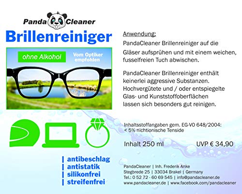 Pandacleaner - Kit de recharge de 500 ml de nettoyant pour lunettes - 2 x  250 ml - Avec chiffon de nettoyage pour lunettes - Sans alcool, anti-buée :  : Hygiène et Santé