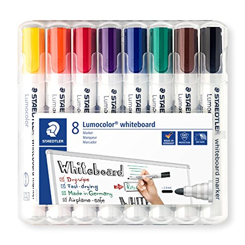 Staedtler Lumocolor 351, Marqueurs pour tableau blanc effaçables à sec, Sans xylène ni toluène et quasi-inodore, Pointe ogive de 2 mm, Étui chevalet avec 8 couleurs assorties, 351 WP8