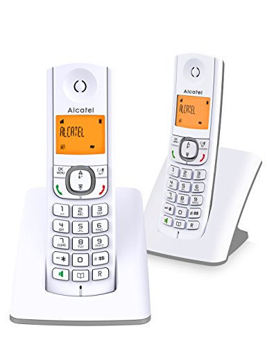 Alcatel F530 Duo - Téléphone sans fil DECT design aux coloris contemporains, Mains libres de qualité, Grand écran rétroéclairé ultra lisible, Sonneries VIP, 10 mélodies d'appel - Blanc/Gris
