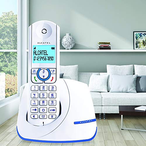 Alcatel F390 - Téléphone sans fil ultra efficace au design coloré, Pure Sound, Mains libres, Grand écran rétroéclairé, Grand répertoire, Sonnerie VIP - Blanc/Bleu – Image 5