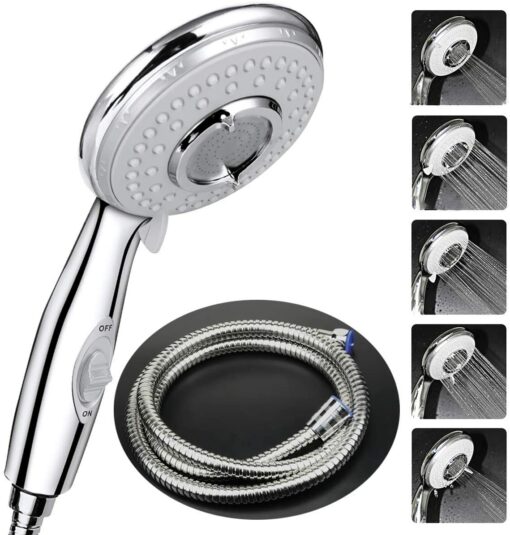 Passez la souris sur l'image pour zoomer        Pommeau Douche + 2 M Tuyau de Douche Flexible, ACGAM Pommeau de Douche avec Tuyau, 5 Modes Economiseur d'eau et bouton de l'interrupteur, Haute Pression Douchette Pommeau Acier Inoxydable Marque : ACGAM – Image 2