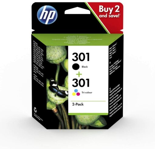 HP 301 Pack de 2 Cartouches d'Encre Noire et Trois Couleurs Authentiques (N9J72AE)