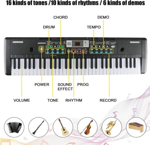 WOSTOO Clavier de Piano 61, Clavier de Piano Portable Avec Pupitre, Microphone, Clavier électronique de Piano Numérique de Musique d'alimentation Pour Enfants/Adulte – Image 5