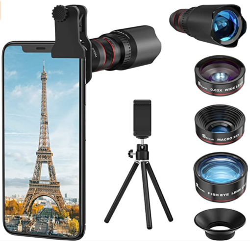 Selvim Kit d'Objectif Smartphone, Téléobjectif x22, Objectif Macro x25, Objectif Fisheye 235°, Objectif Grand Angle x0.62, Lentilles Blu-Ray, Photographie Amusante, Compatibilité Universelle