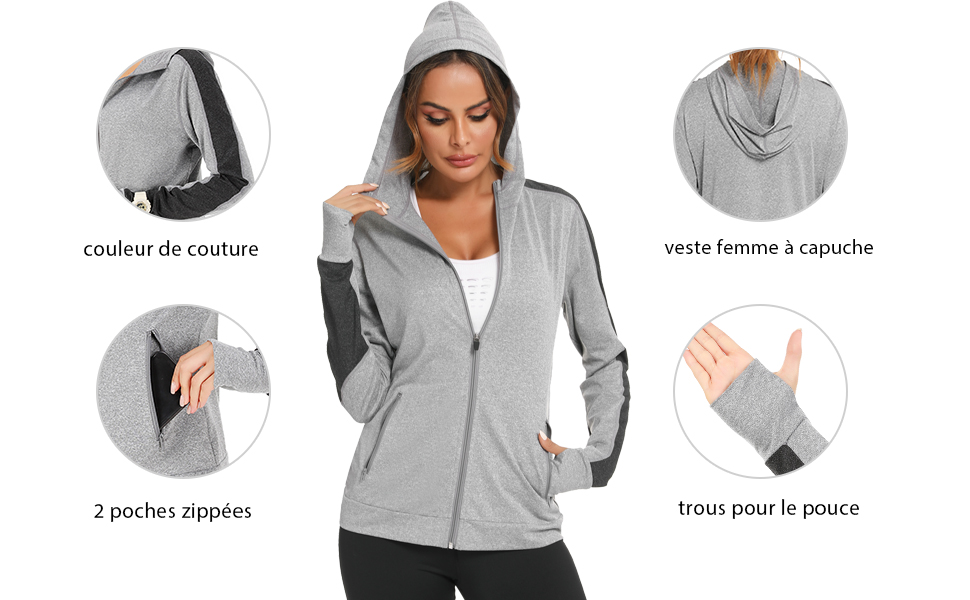 veste femme capuche Veste de Sport Femme Sweat-shirt à manches longues veste sport femme leger