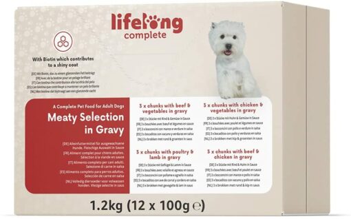 Marque Amazon- Lifelong Aliment complet pour chiens adultes- Sélection à la viande en sauce, 1.2 kg (12 sachets x 100g) – Image 2