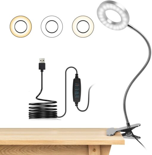 8W Lampe de Bureau à Pince 48 LED Flexible à 360°Lampe Lecture Clipsable 3 Modes d’Éclairage &10 Niveaux de Luminosité Lampe Bureau Led USB pour Étude et Travail, Argenté [Classe énergétique A++]