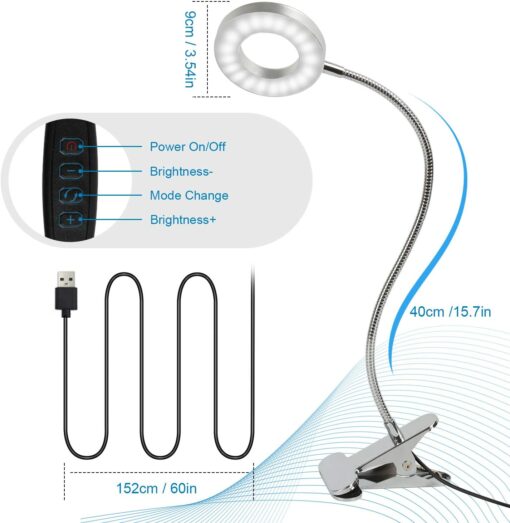 8W Lampe de Bureau à Pince 48 LED Flexible à 360°Lampe Lecture Clipsable 3 Modes d’Éclairage &10 Niveaux de Luminosité Lampe Bureau Led USB pour Étude et Travail, Argenté [Classe énergétique A++] – Image 3