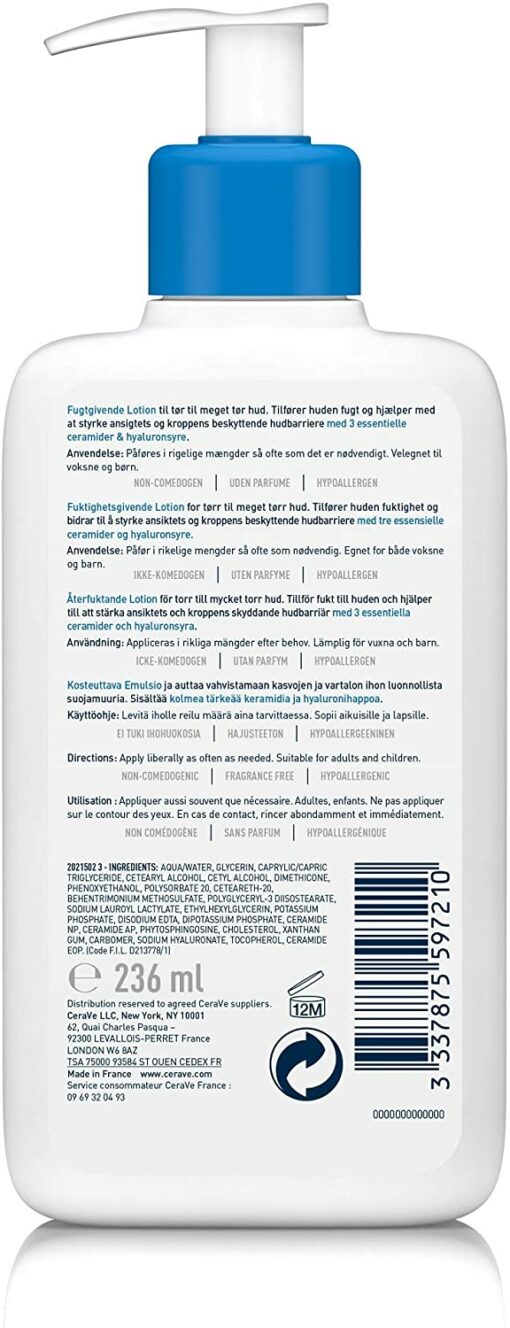 CeraVe Lait Hydratant | 236ml | Crème Hydratante Corps & Visage 24h Nourrissante à l'Acide Hyaluronique pour Peaux Sèches à – Image 10