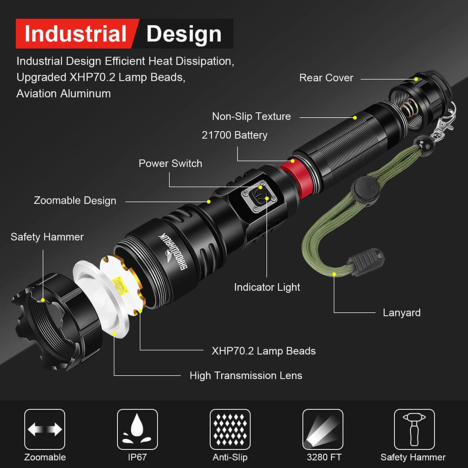 Shadowhawk Lampe Torche LED Ultra Puissante, 10000 Lumens Lampe de Poche Rechargeable, XHP70.2 Lampe Tactique, IP67 Étanche, 5 – Image 6