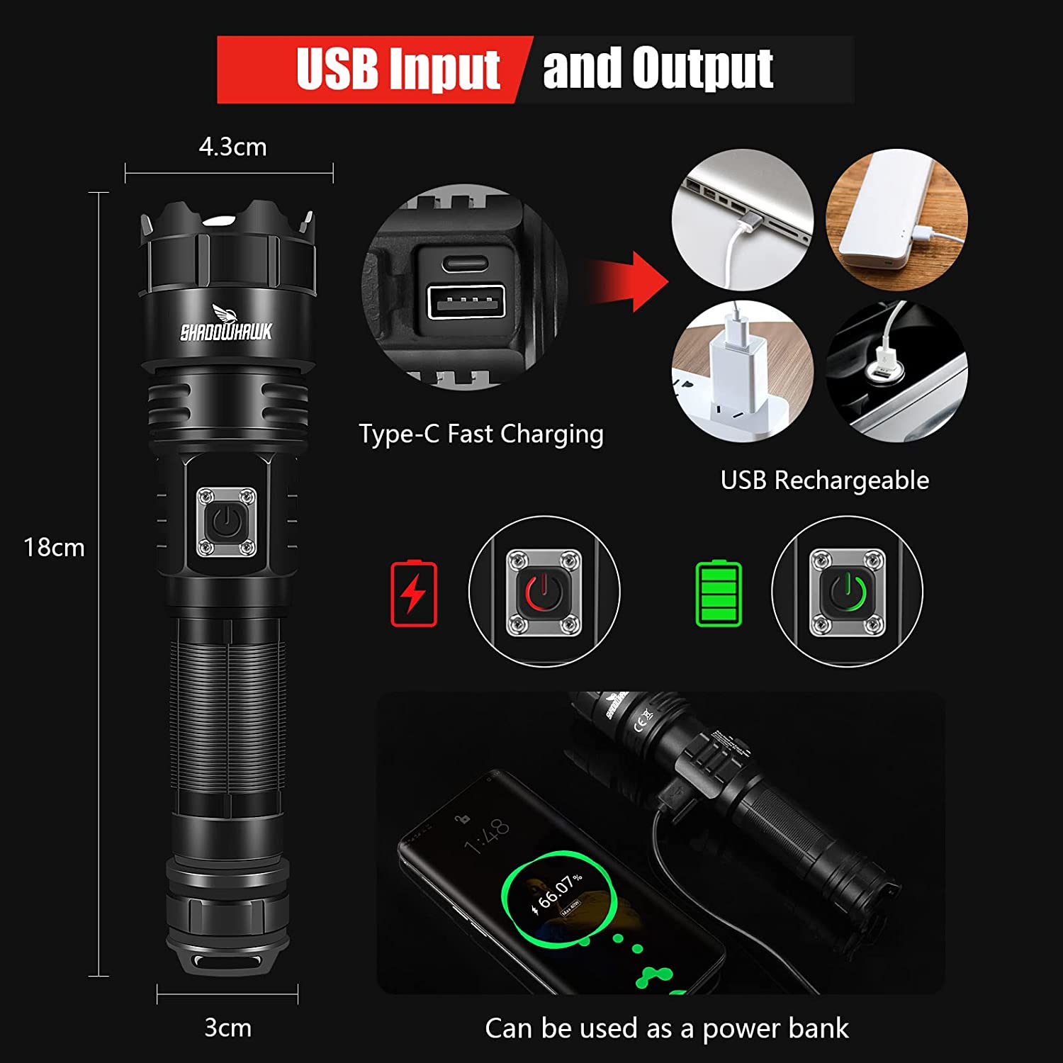 Shadowhawk Lampe Torche LED Ultra Puissante, 10000 Lumens Lampe de Poche Rechargeable, XHP70.2 Lampe Tactique, IP67 Étanche, 5 – Image 3