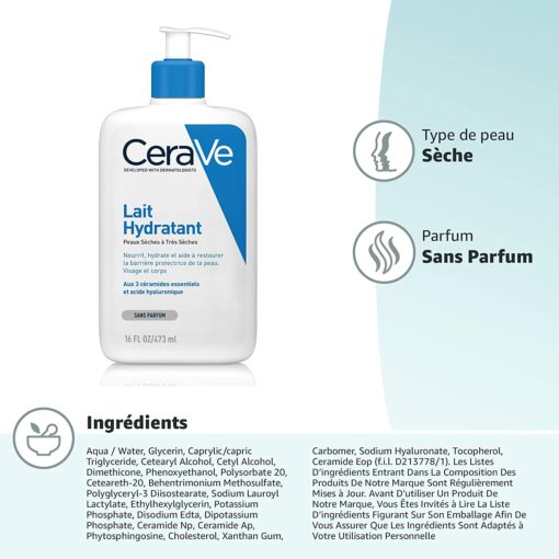 CeraVe Lait Hydratant | 236ml | Crème Hydratante Corps & Visage 24h Nourrissante à l'Acide Hyaluronique pour Peaux Sèches à – Image 8