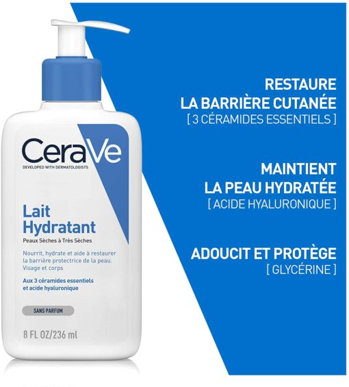 CeraVe Lait Hydratant | 236ml | Crème Hydratante Corps & Visage 24h Nourrissante à l'Acide Hyaluronique pour Peaux Sèches à – Image 4