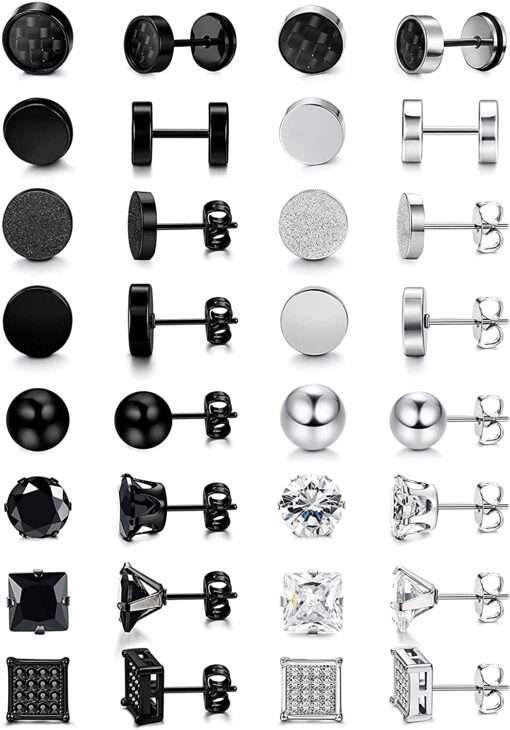 Milacolato 16 paires en Acier Inoxydable Petite Boucles D'oreilles Noir Ronde en Argent Ziconia Cubique Boucles D'oreilles Ensem