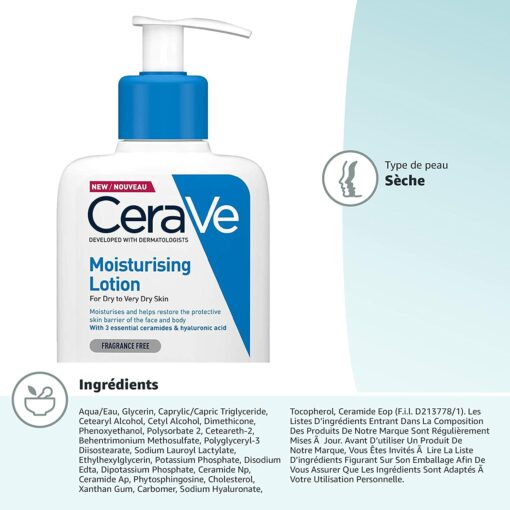 CeraVe Lait Hydratant | 236ml | Crème Hydratante Corps & Visage 24h Nourrissante à l'Acide Hyaluronique pour Peaux Sèches à – Image 14