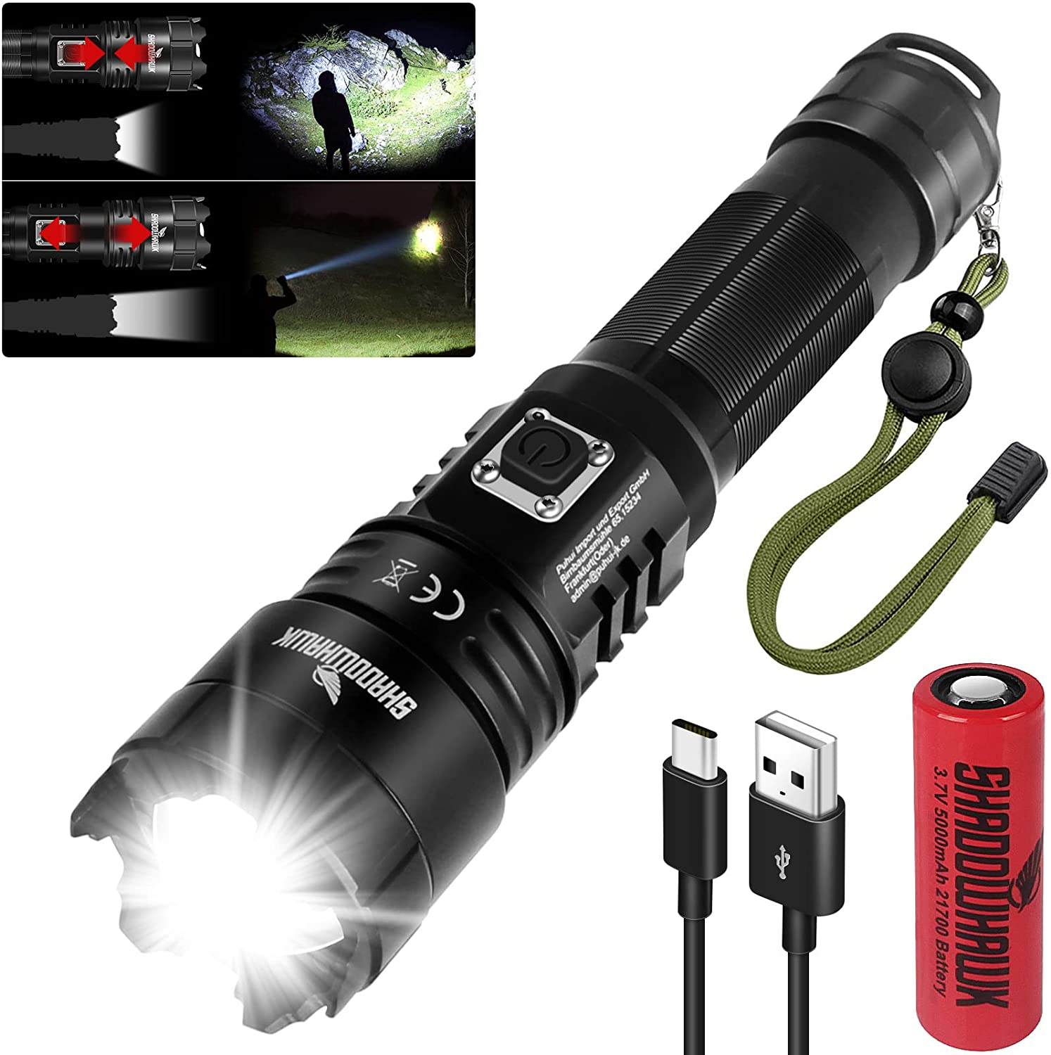 Shadowhawk Lampe Torche LED Ultra Puissante, 10000 Lumens Lampe de Poche Rechargeable, XHP70.2 Lampe Tactique, IP67 Étanche, 5