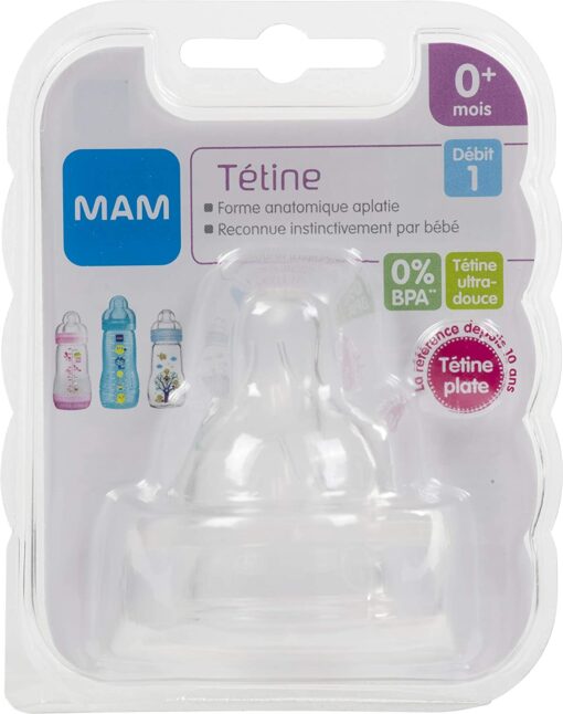 MAM Lot de 2 Tétines Anatomiques en Silicone 0+ mois Débit 1 Lent, tétine plate et ultra-douce pour nouveau-nés – Image 2