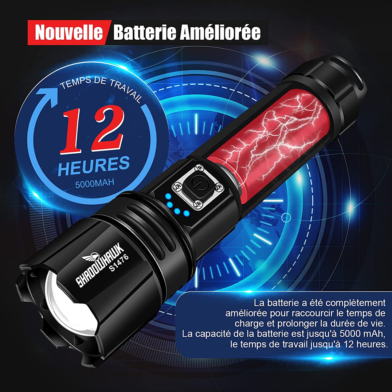 Shadowhawk Lampe Torche LED Ultra Puissante, 10000 Lumens Lampe de Poche Rechargeable, Lampe Tactique XHP70.2, IP67 Étanche 5 M – Image 4