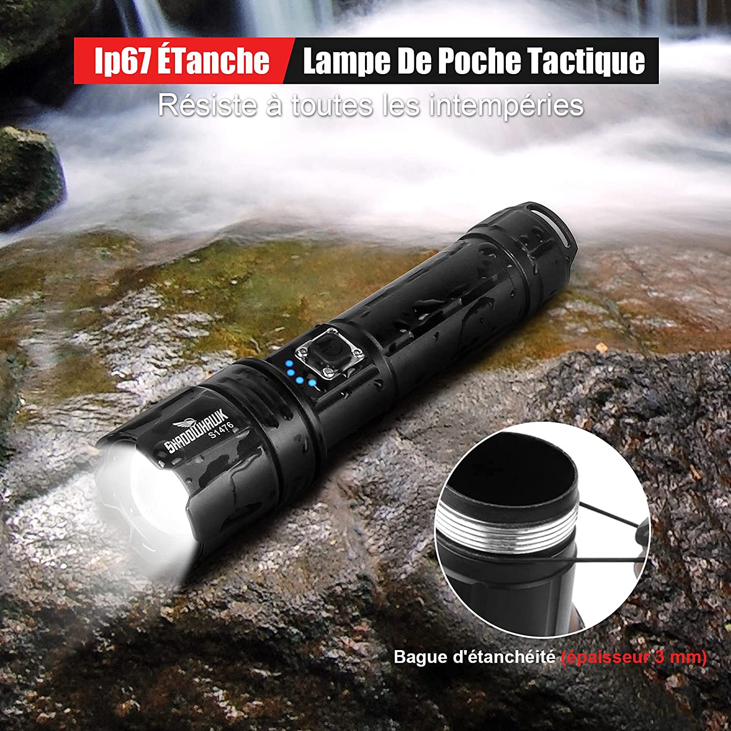Shadowhawk Lampe Torche LED Ultra Puissante, 10000 Lumens Lampe de Poche Rechargeable, Lampe Tactique XHP70.2, IP67 Étanche 5 M – Image 7