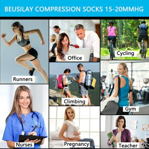 beusilay Chaussettes de Compression(3/8 Paires) pour Hommes et Femmes (15-25 mmHg)-pour Sportifs,Voyage en Avion,infirmiers,cour – Image 28