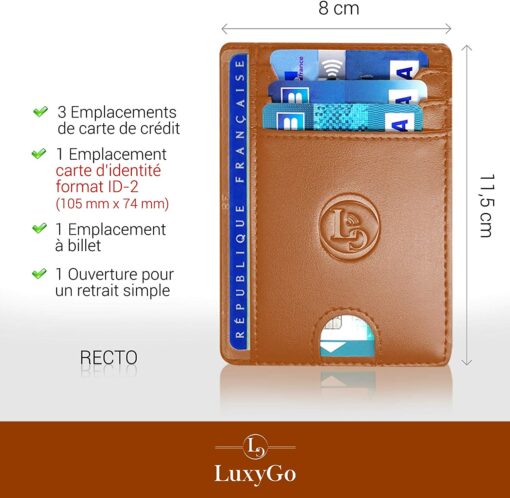 Porte Carte De Credit et Pièce Identité Minimaliste - Protection Cartes Bleue sans Contact - Petit Etui Cuir Slim Protege Cont – Image 2