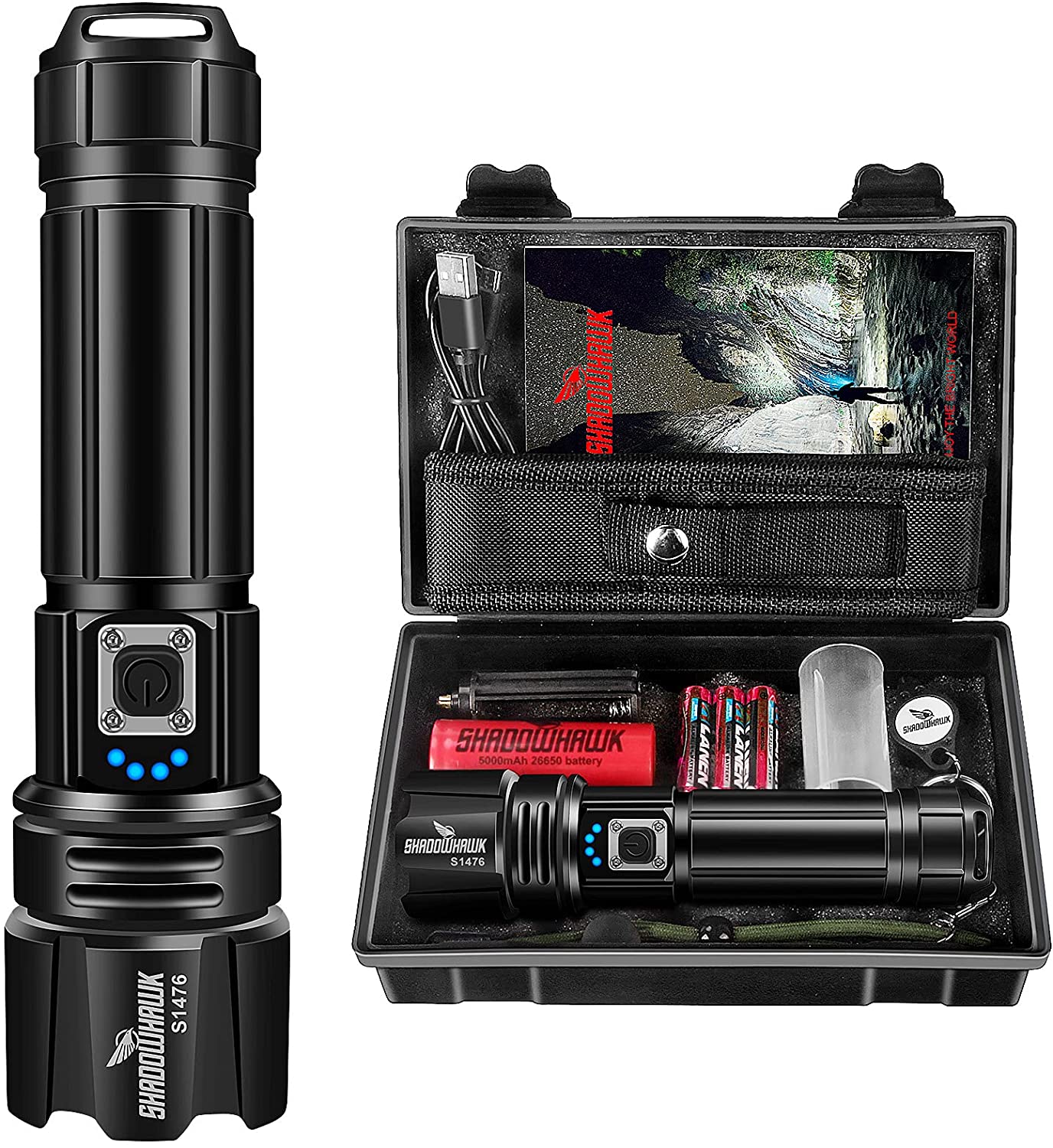 Shadowhawk Lampe Torche LED Ultra Puissante, 10000 Lumens Lampe de Poche Rechargeable, Lampe Tactique XHP70.2, IP67 Étanche 5 M