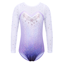  Fille Justaucorps de Gymnastique avec Paillettes Manches Longues en Tulle