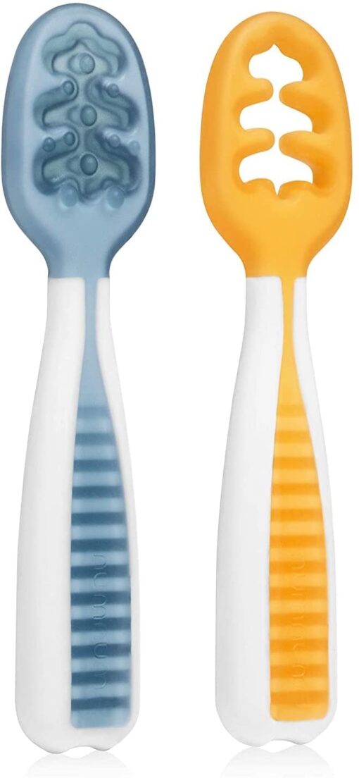 NumNum - Pack 2 PréCuillère d'Apprentissage pour Bébé (6+) - Bleu + Orange - Silicone - Ideal BLW – Image 2