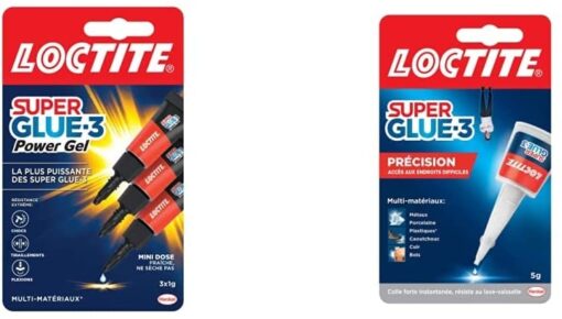 Loctite Super Glue-3 Power Gel Mini dose, colle forte enrichie en caoutchouc, lot de 3 tubes 1 g & Super Glue-3 Précision,