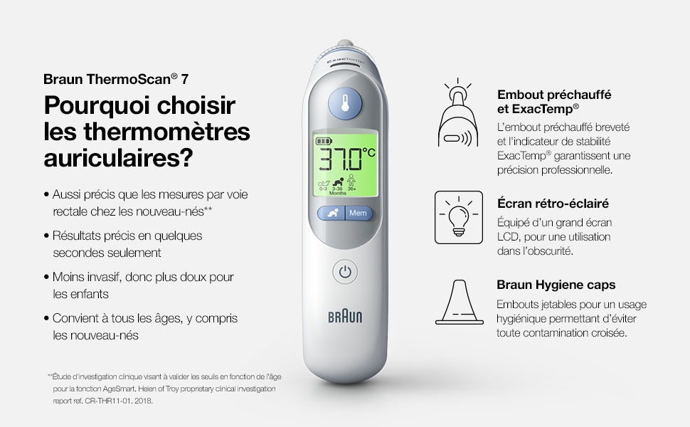 Thermomètre; auriculaire; Braun; ThermoScan; Age Précision; silencieux; précision clinique;