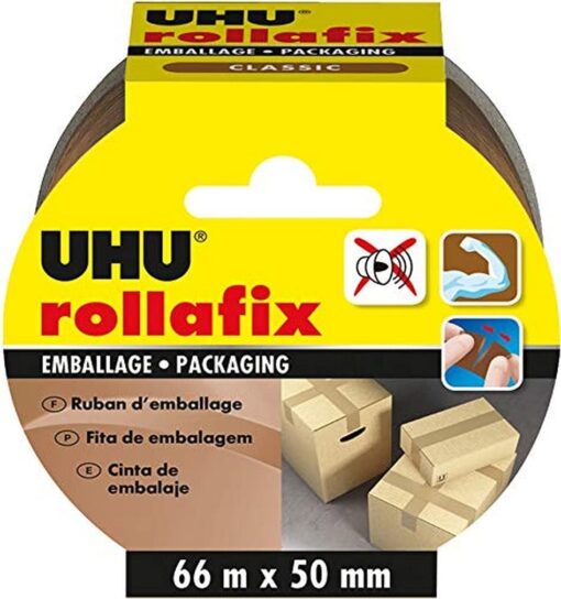 UHU Rollafix Ruban d'Emballage Marron - 66 m de long x 50 mm de large & Rollafix Ruban d'Emballage Transparent - 66 m de long x