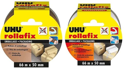 UHU Rollafix Ruban d'Emballage Marron - 66 m de long x 50 mm de large & Rollafix Ruban d'Emballage Transparent - 66 m de long x – Image 5