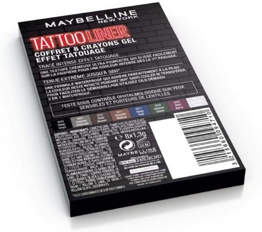 Maybelline New-York - Coffret de 8 Crayons Gel Effet Tatouage - Tattoo Liner - Teintes: Noir (900), Gris (901), Marron (910), – Image 42