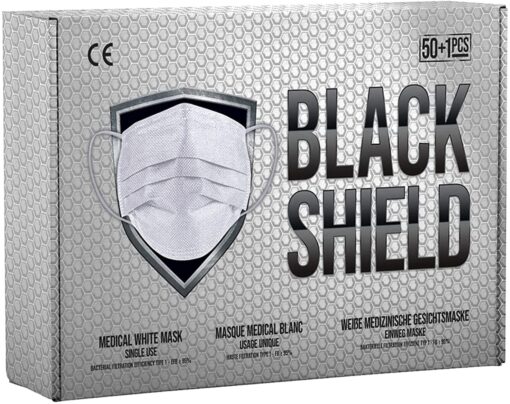 Black Shield - Certification CE - Masque chirurgical MEDICAL noir - Lot de 50 - TYPE 1 - Filtration EFB 95% - EN14683