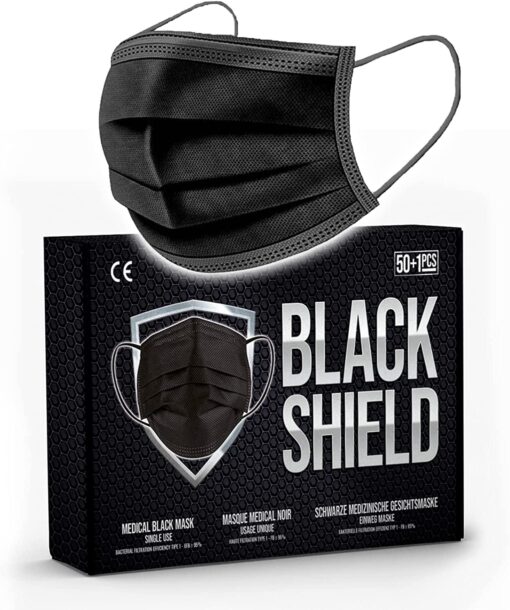 Black Shield - Certification CE - Masque chirurgical MEDICAL noir - Lot de 50 - TYPE 1 - Filtration EFB 95% - EN14683 – Image 2