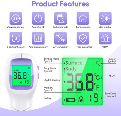 Thermometre Frontal Adulte, KKmier Thermometre sans Contact avec Affichage à LCD, Thermomètre Frontal Infrarouge Bébé Enfant – Image 3