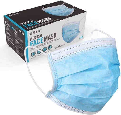 Homedics 50 Masques médicaux jetables 3 plis - 3 couches de protection – Masques chirurgicaux de haute qualité avec