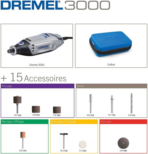 Dremel 3000 Outil Rotatif Multifonction 130W avec 15 Accessoires et 1 Sac, Vitesse Variable 10000-33000 tr/min pour Découper, – Image 2