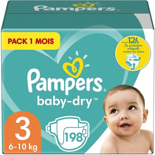 Pampers Couches Baby-Dry Taille 3 (6-10kg) Jusqu'à 12h Bien Au Sec et avec Double-Barrière Anti-Fuites, 198 Couches (Pack 1 – Image 16