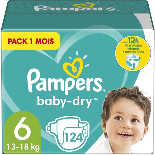 Pampers Couches Baby-Dry Taille 3 (6-10kg) Jusqu'à 12h Bien Au Sec et avec Double-Barrière Anti-Fuites, 198 Couches (Pack 1